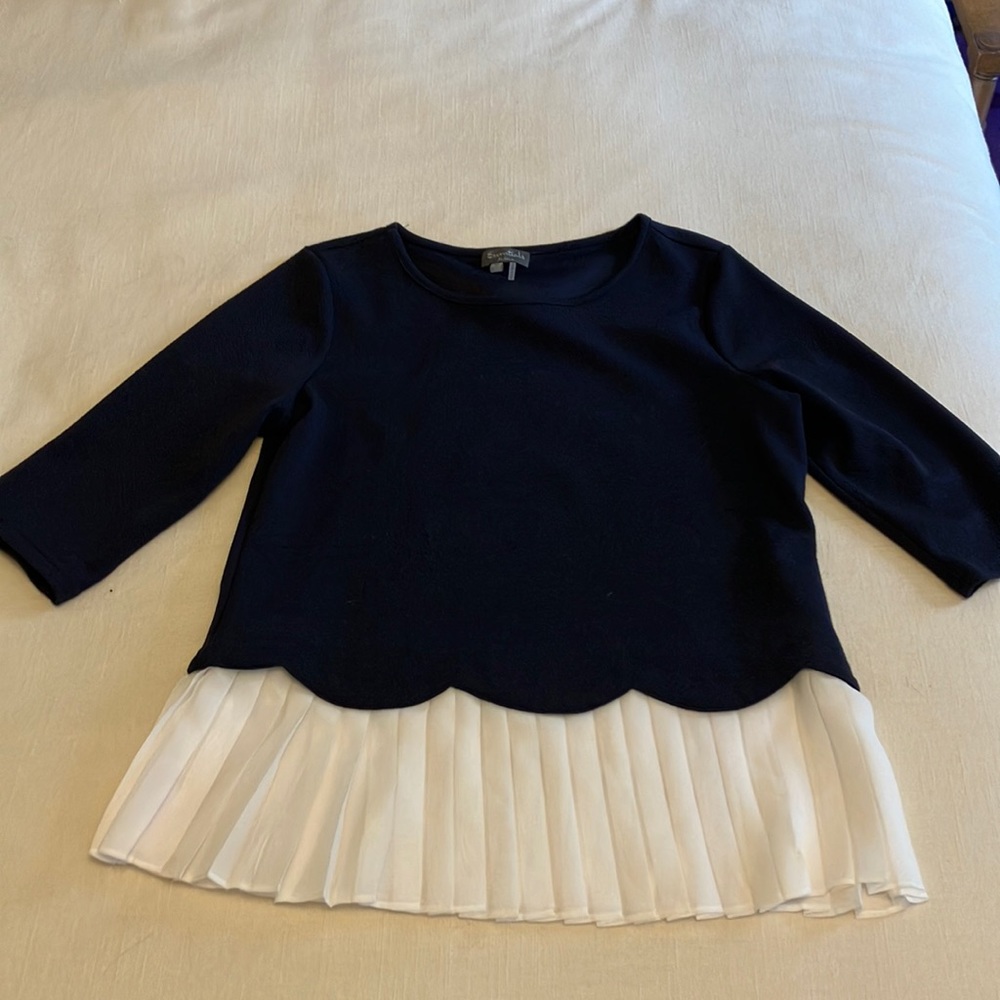 Blue knit top with sheer pleated accent bottom